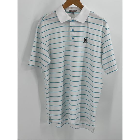 Peter Millar Polo Shirt Golf Men Large White Green‎ Stripe Short Sleeve